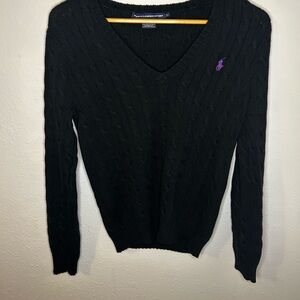 Ralph Lauren Black V-Neck Sweater with Purple Logo